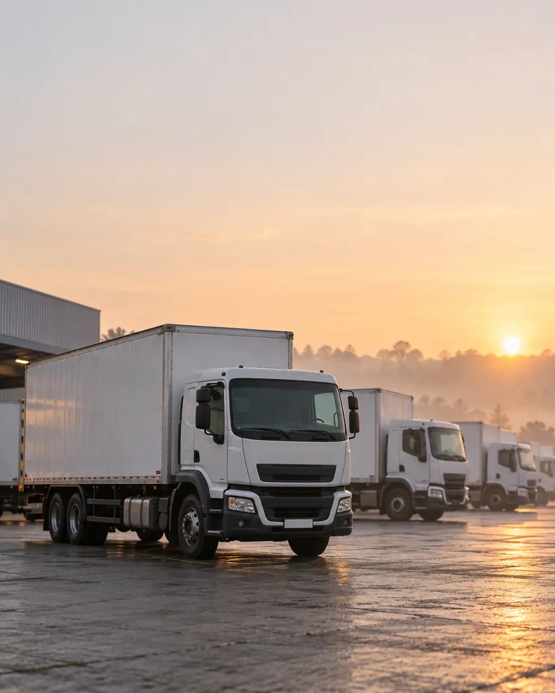 Caminhões baú brancos estacionados no pátio de uma transportadora ao amanhecer